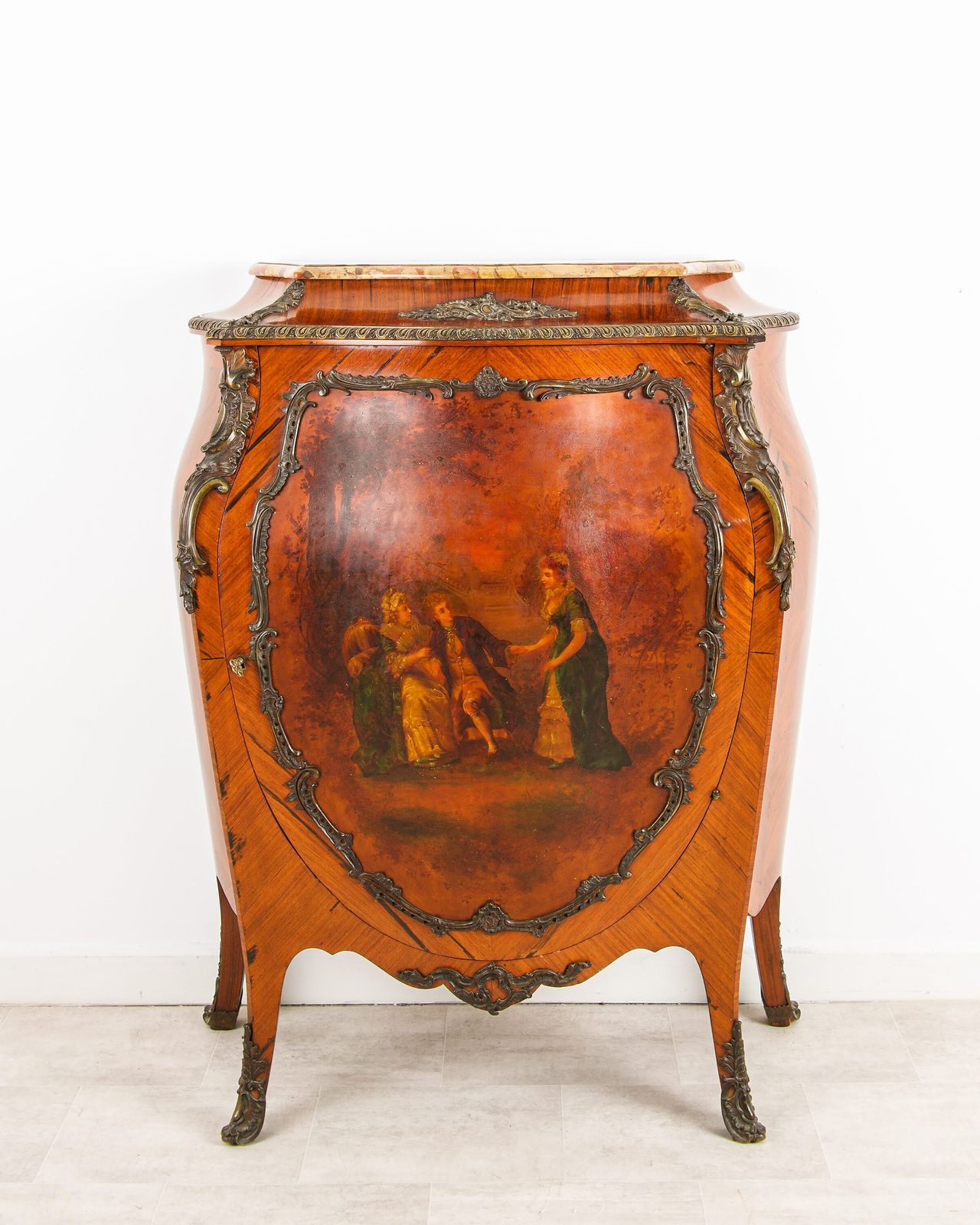 Antique French Kingwood Vernis Martin Commode With Bombé Form, Breche D'alep Marble Top & Ormolu Mounts, C.1880