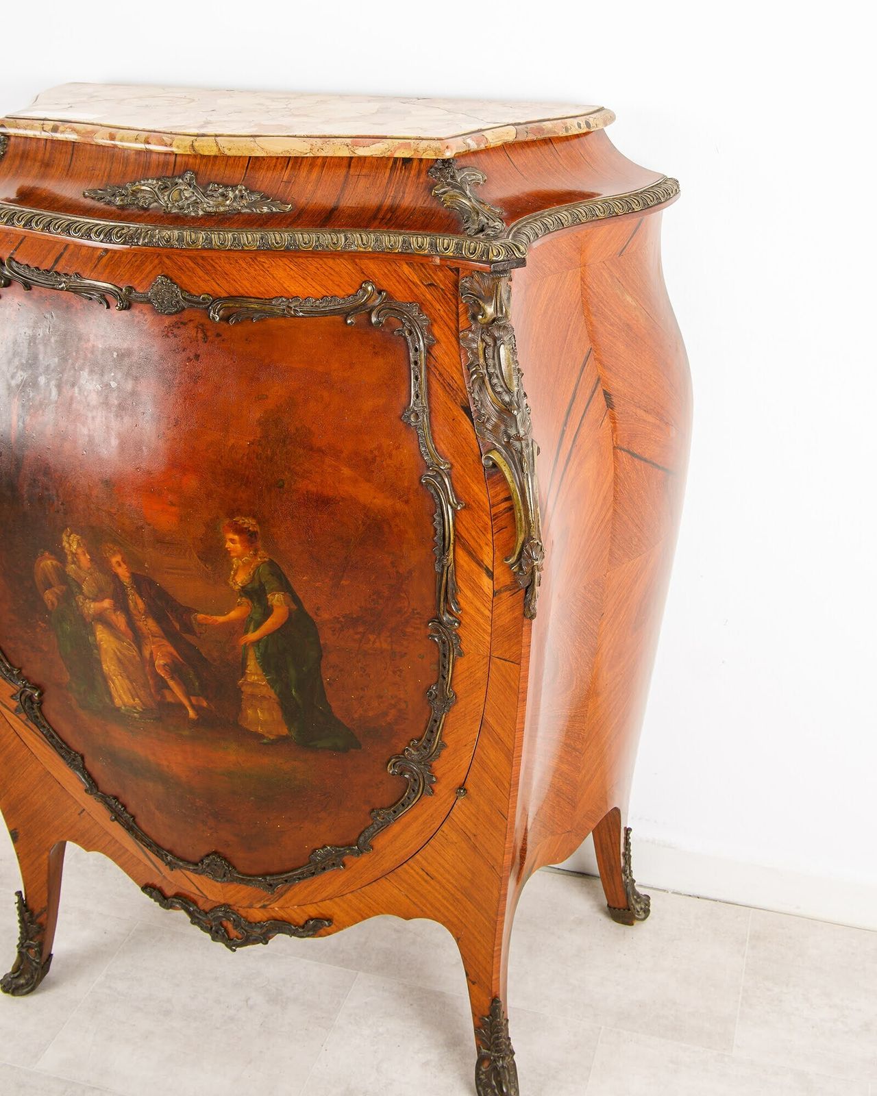 Antique French Kingwood Vernis Martin Commode With Bombé Form, Breche D'alep Marble Top & Ormolu Mounts, C.1880 photo for sale