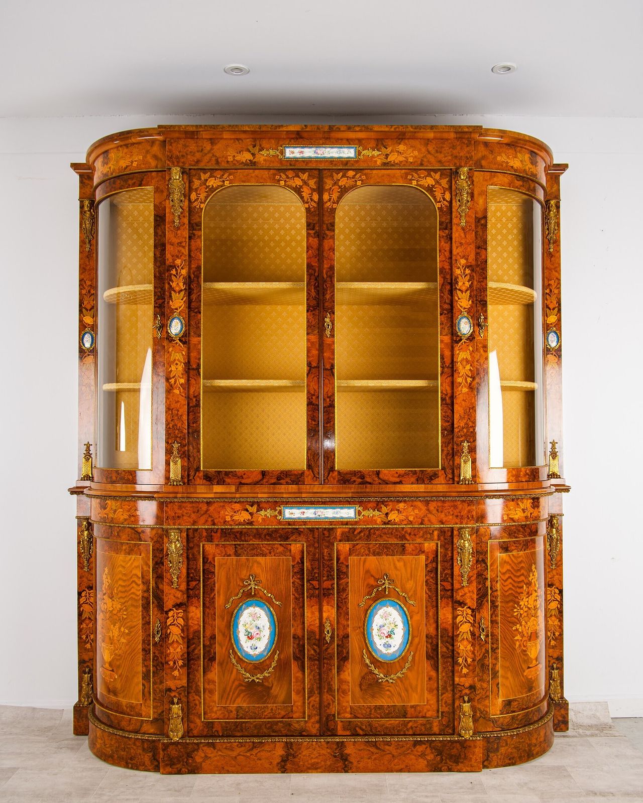 Large Burr Walnut Marquetry Display Cabinet Credenza With Sèvres Porcelain Plaques & Ormolu Mounts, 204cm photo furniture