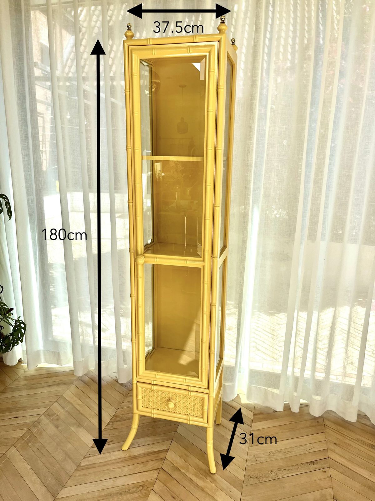 Yellow Lacquered Tall Faux Bamboo Glass Display Cabinet photo furniture