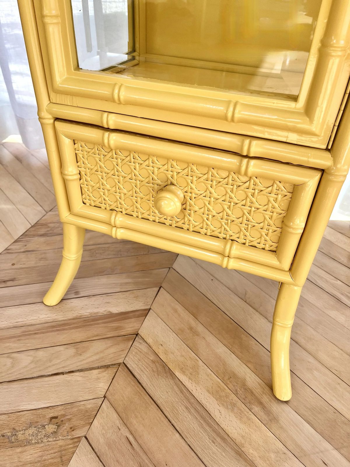 Yellow Lacquered Tall Faux Bamboo Glass Display Cabinet photo 715.0