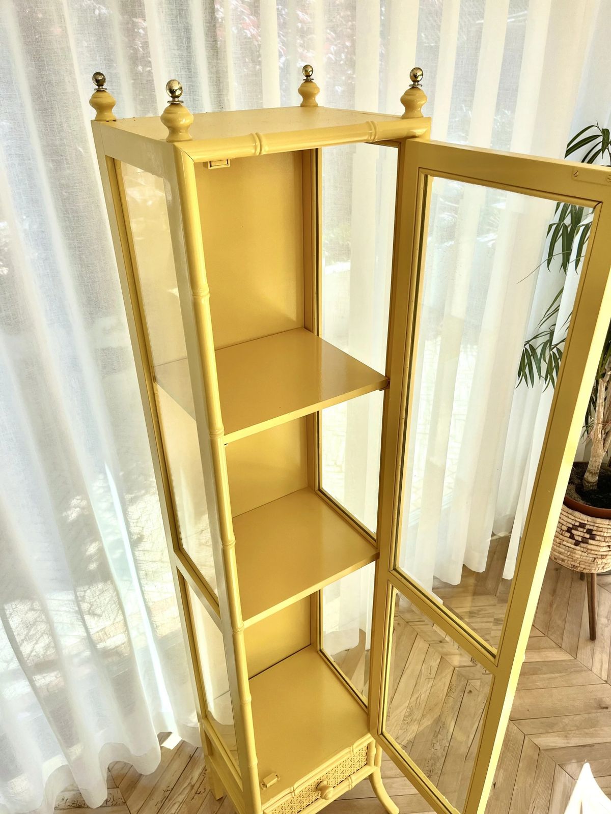 photo furniture Yellow Lacquered Tall Faux Bamboo Glass Display Cabinet