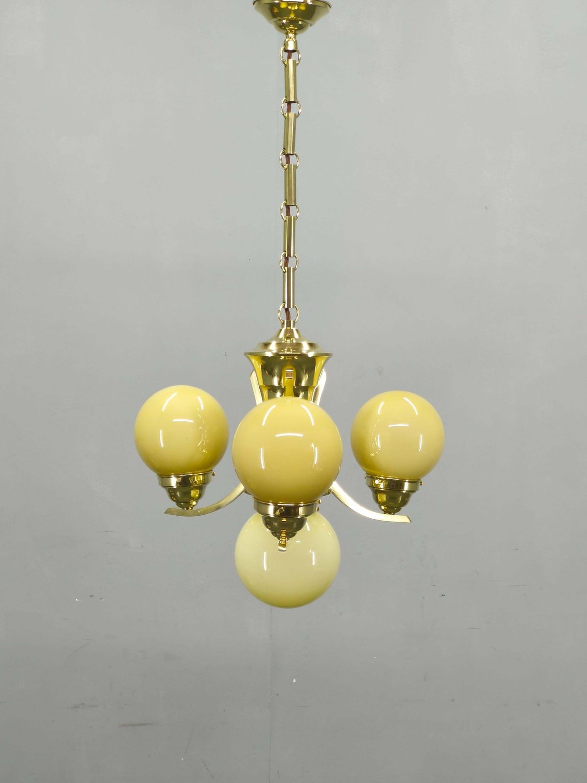Art Deco Brass And Opaline Glass Chandelier, 1930s photo for sale