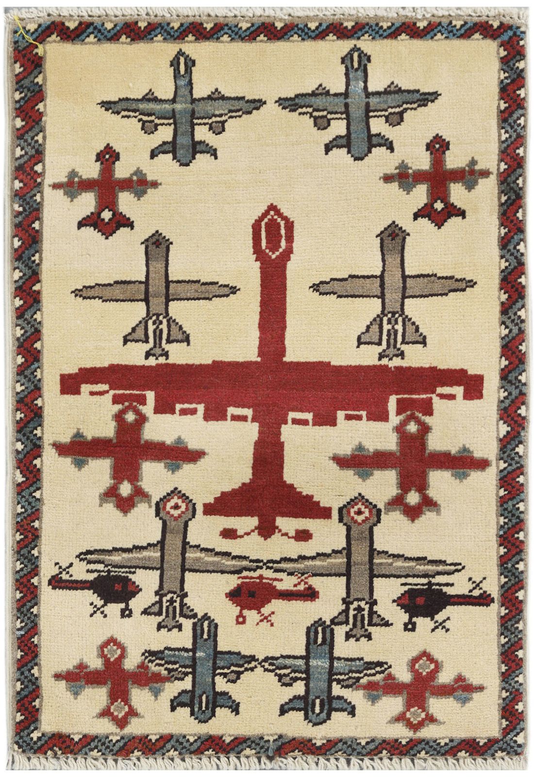 Afghan War Airplane Ivory Wool Handmade Rug