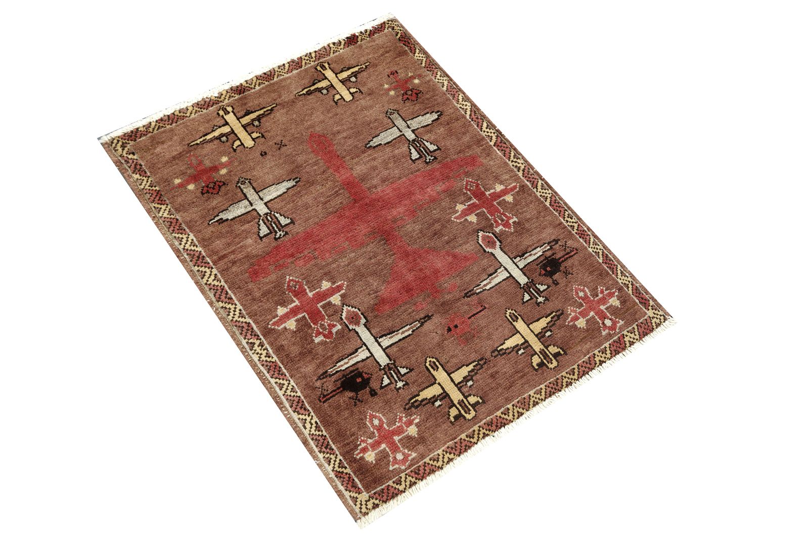 Brown Afghan War Hand Knotted Airplane Helicopter Small Rug photo furniture