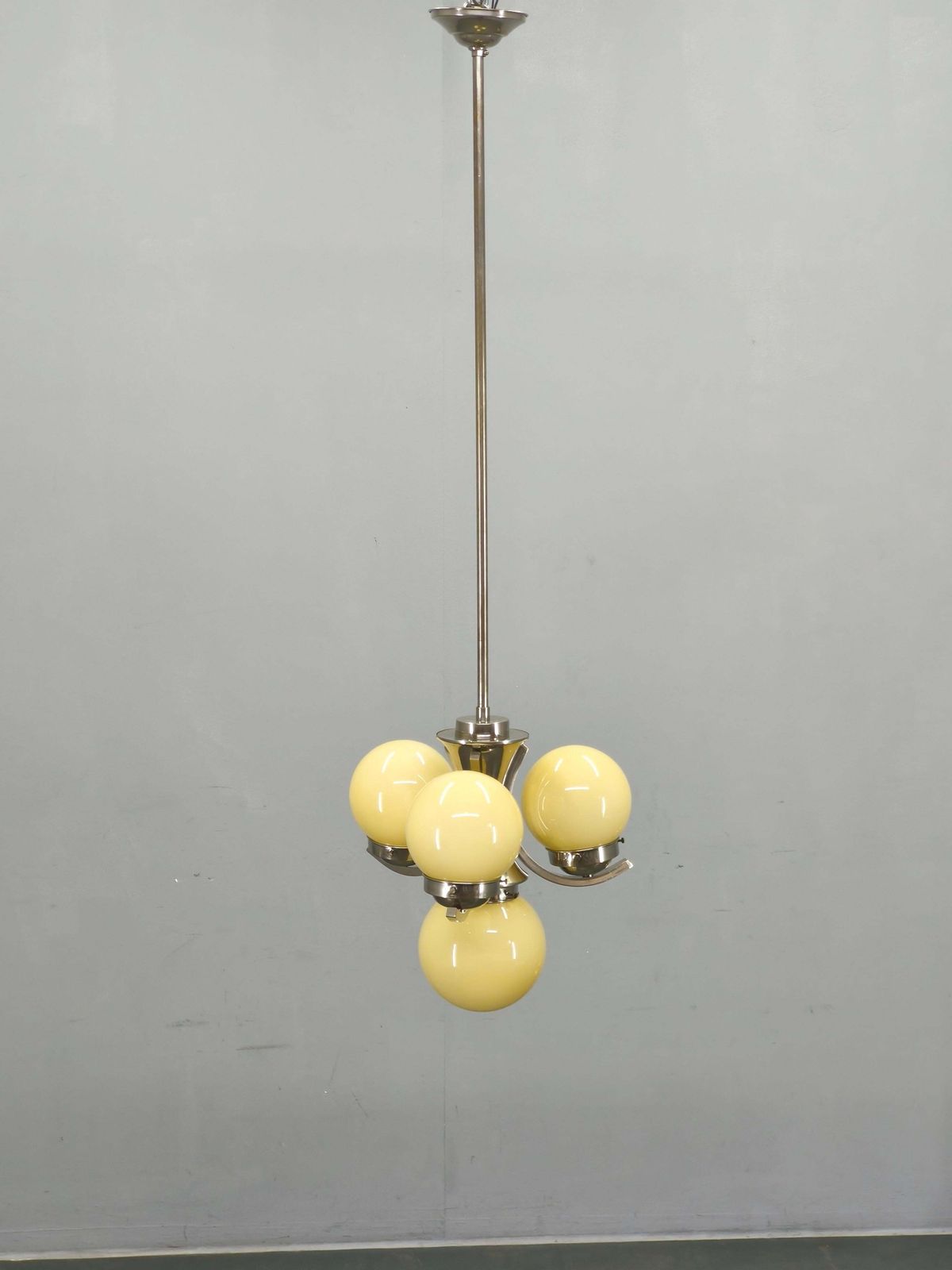 Art Deco Chrome And Opaline Glass Chandelier, 1930s photo furniture