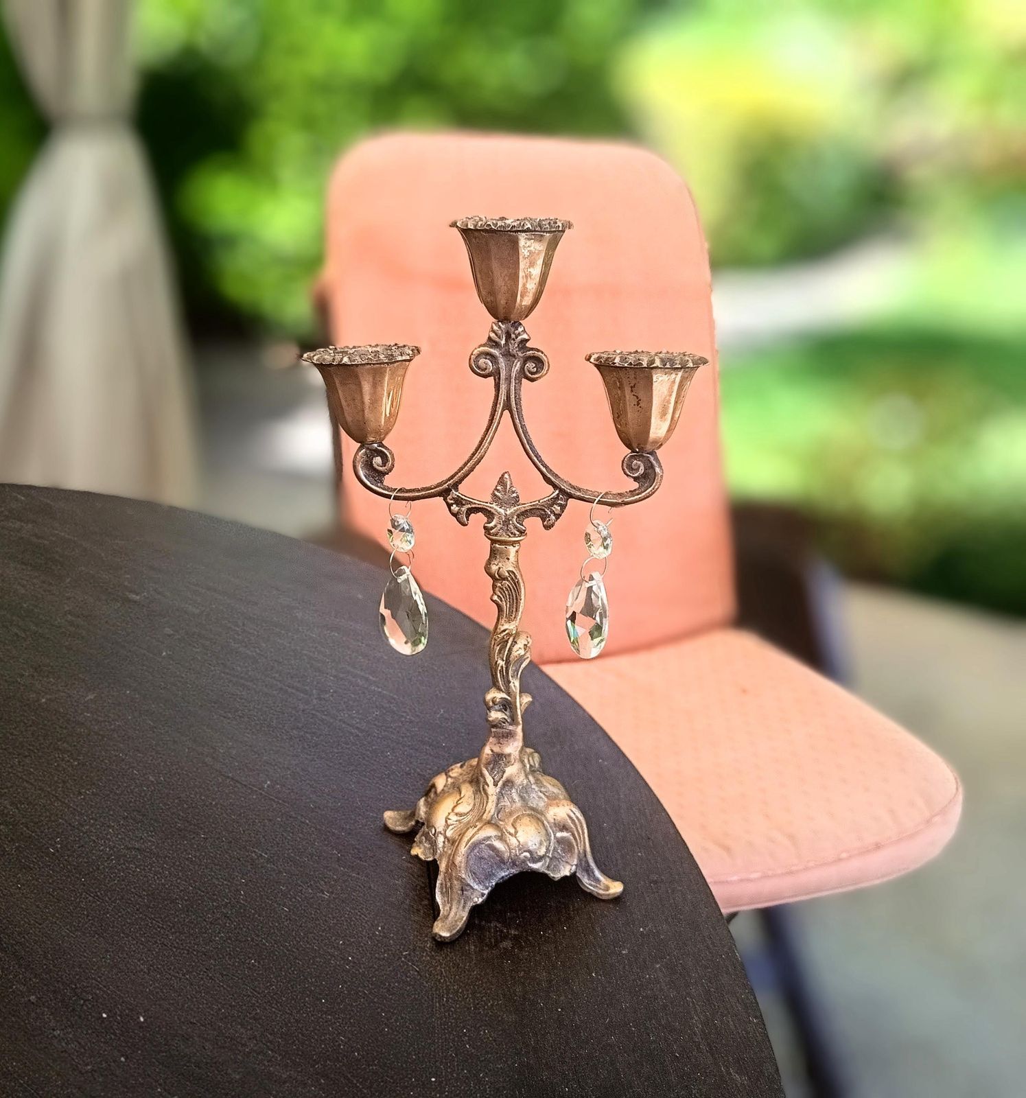 Vintage Art Nouveau 3 Arm Brass Candelabra, Romantic Crystal Prisms, France 1900s photo furniture