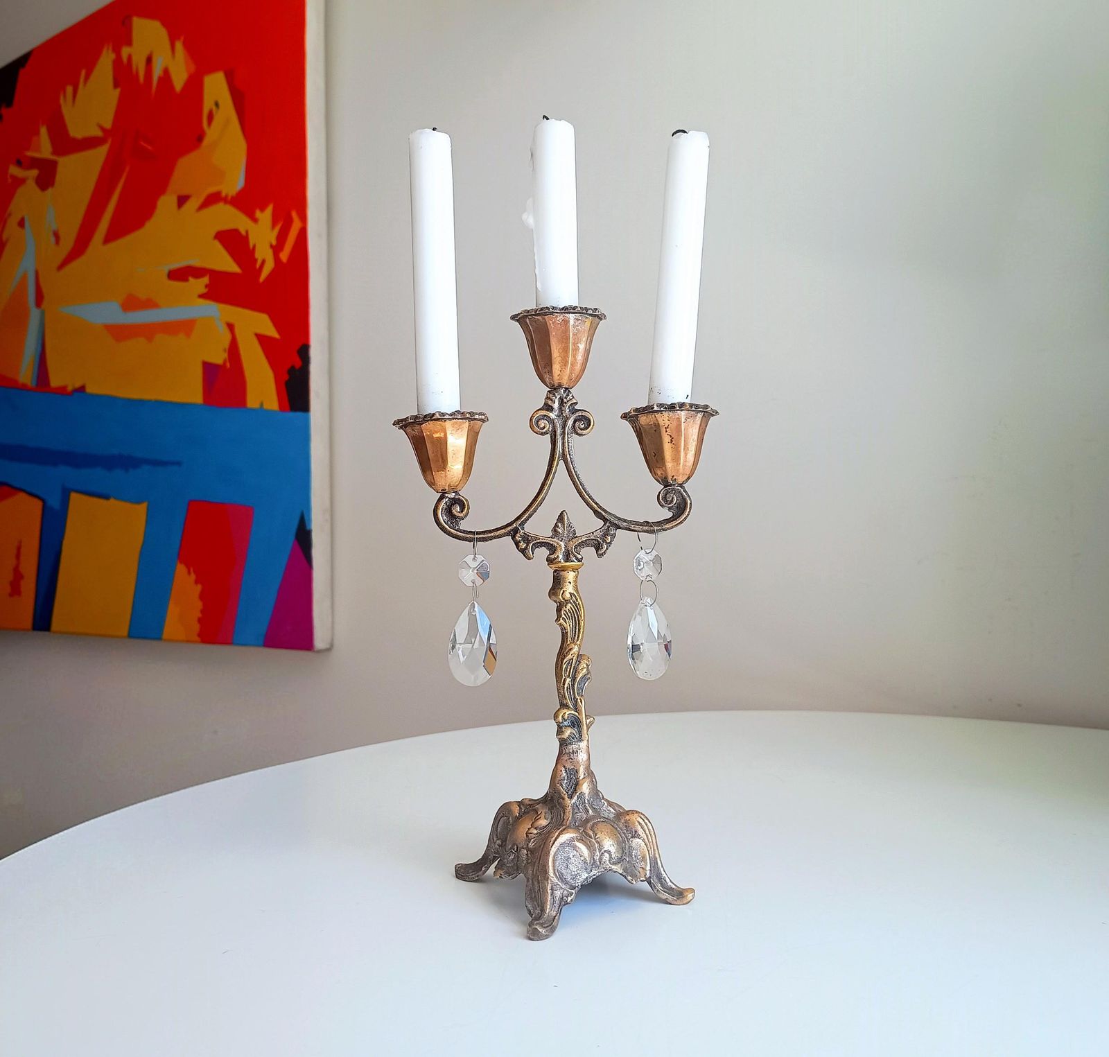 110.0 Vintage Art Nouveau 3 Arm Brass Candelabra, Romantic Crystal Prisms, France 1900s photo