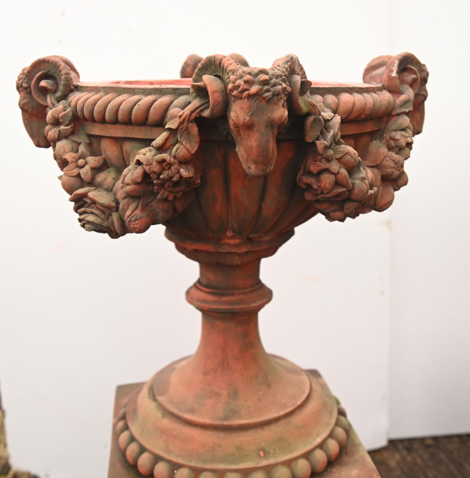 Pair Classical Terracotta Urns English Country Garden Rams Head photo vintage