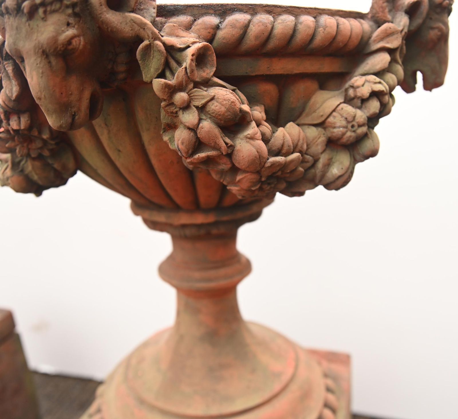 Garden Decor Pair Classical Terracotta Urns English Country Garden Rams Head photo