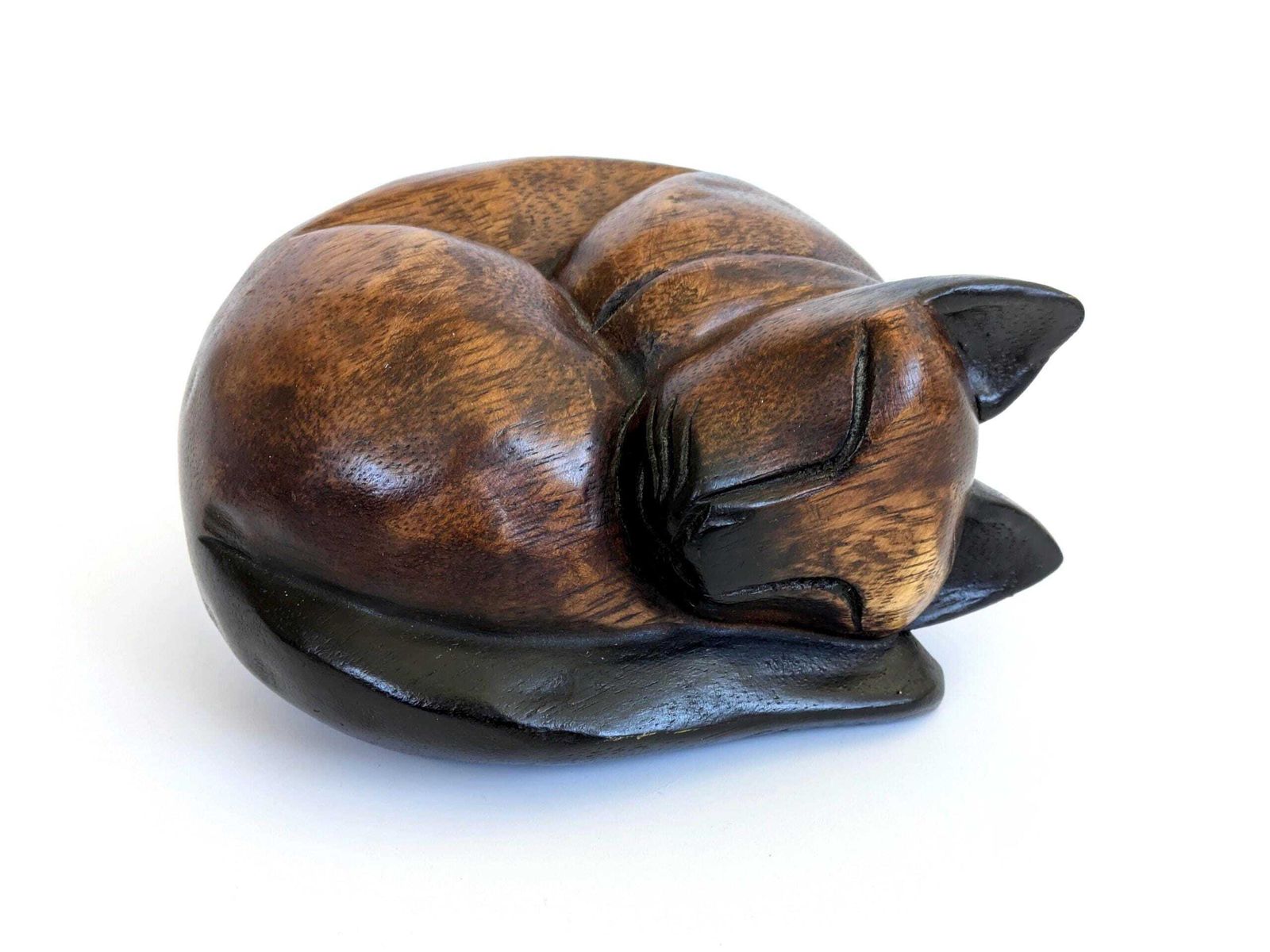 Midcentury Teak Sleeping Siamese Cat Figurine Bookend Paperweight, Scandinavian Wood Decor