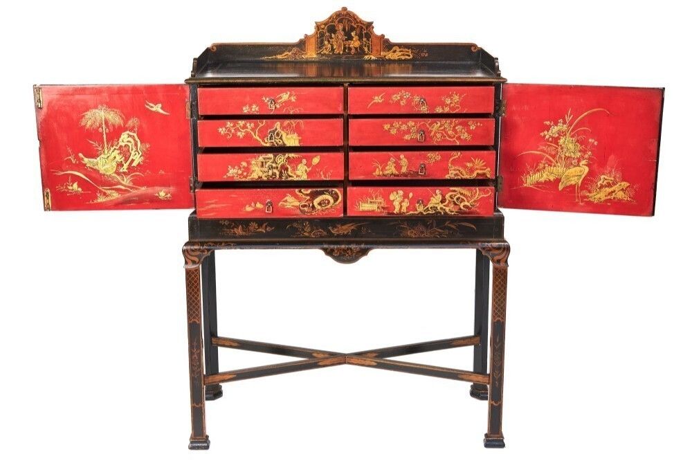 Fine Chinoiserie Decorated Fitted 8 Drawer Cabinet On Stand