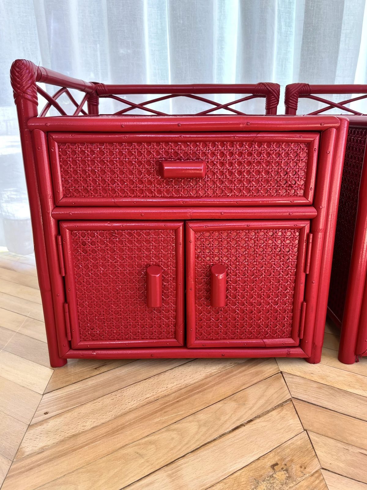 Pair Of Red Lacquered, Bamboo And Cane Bedside Cabinets photo Furniture