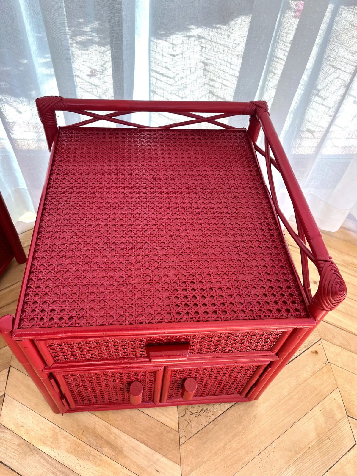 photo vinterior Pair Of Red Lacquered, Bamboo And Cane Bedside Cabinets