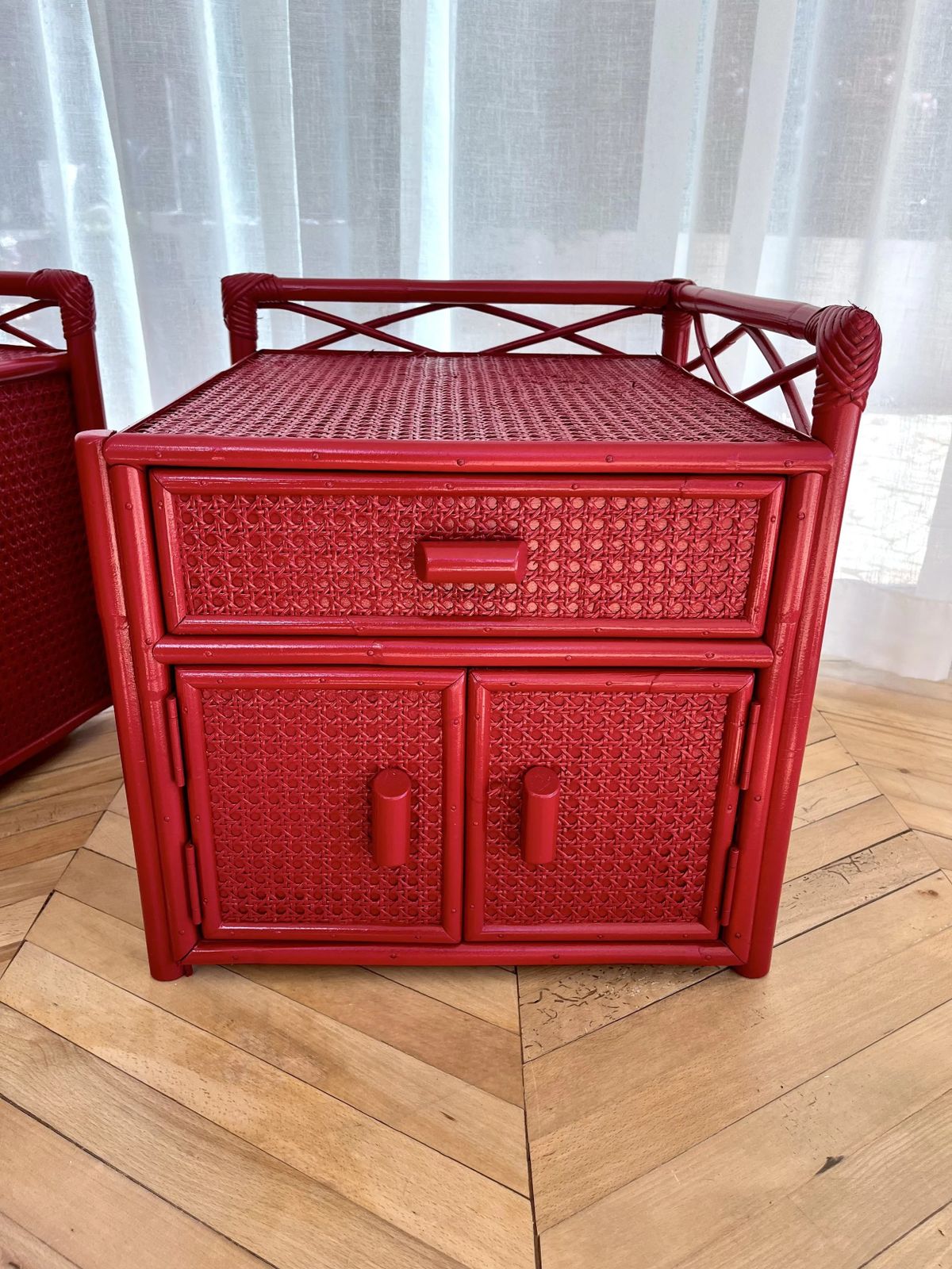 photo buy Pair Of Red Lacquered, Bamboo And Cane Bedside Cabinets
