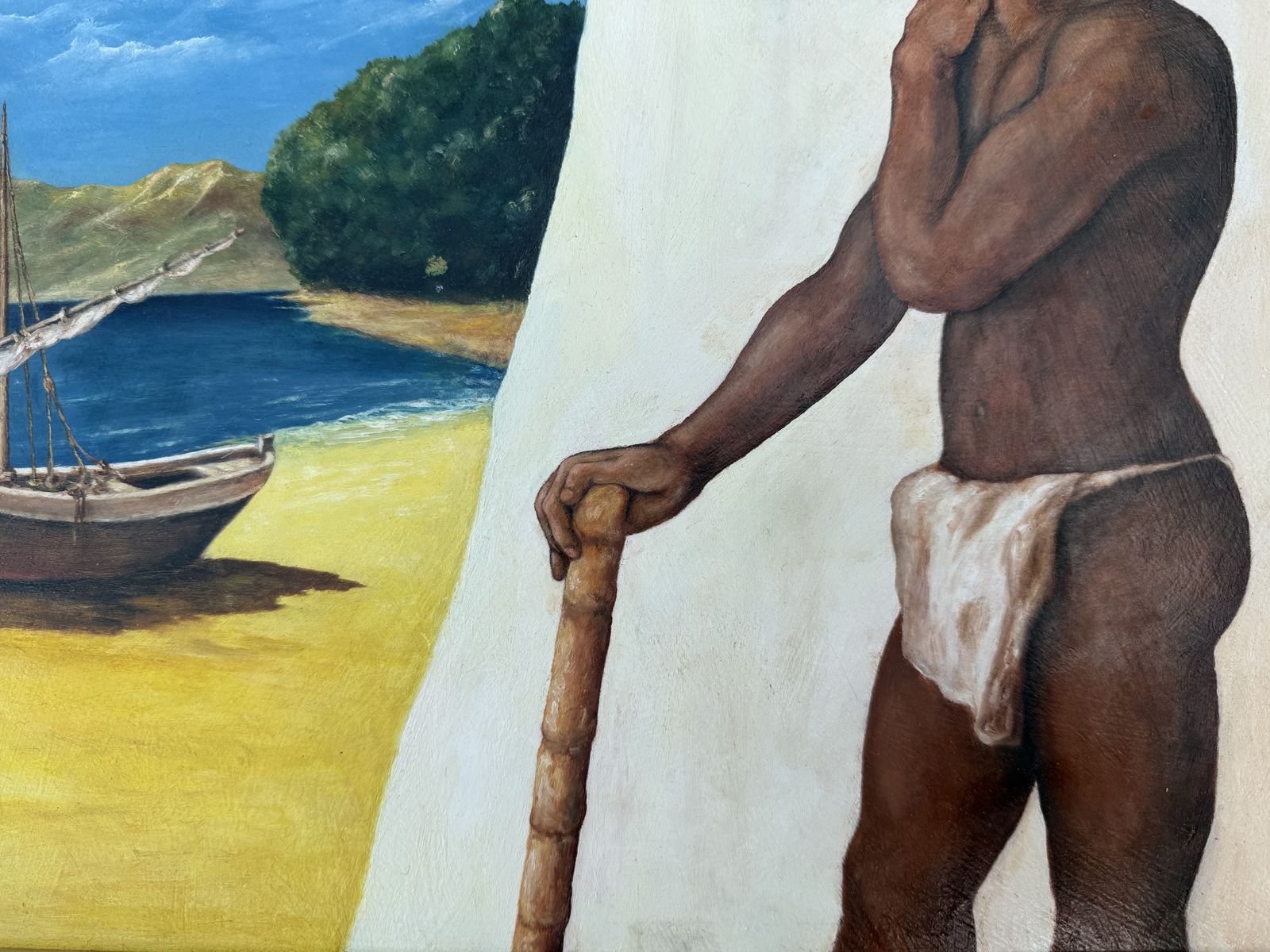 Mediterranean Male Nude By Boat Sitges School Figurative Coastal Scene Oil Art 2012 photo vinterior
