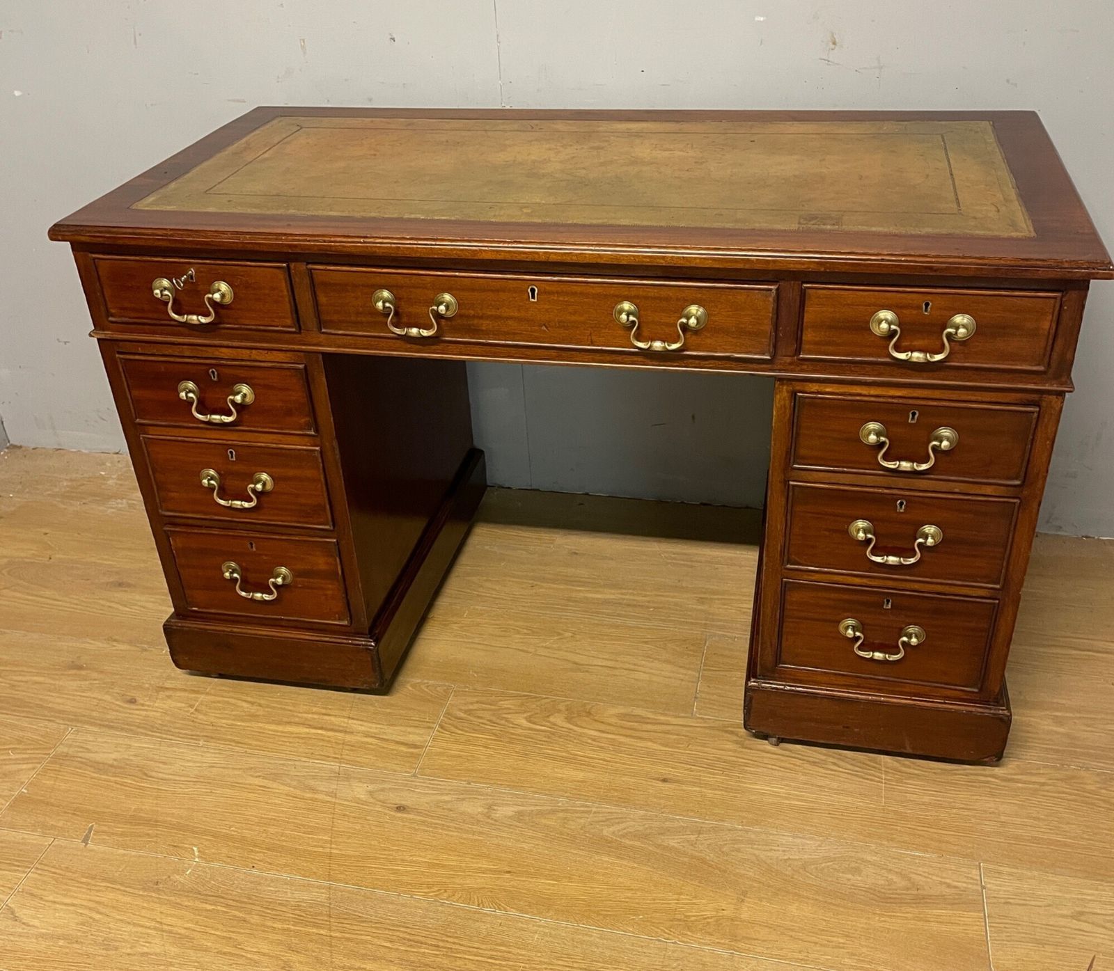 Edwardian Mahogany Pedestal Three Part Desk With A Tooled Leather