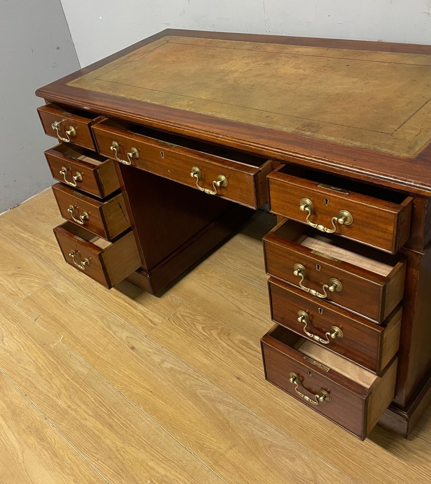 Edwardian Mahogany Pedestal Three Part Desk With A Tooled Leather photo buy