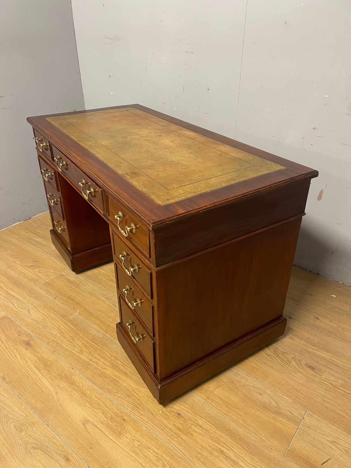 photo for sale Edwardian Mahogany Pedestal Three Part Desk With A Tooled Leather