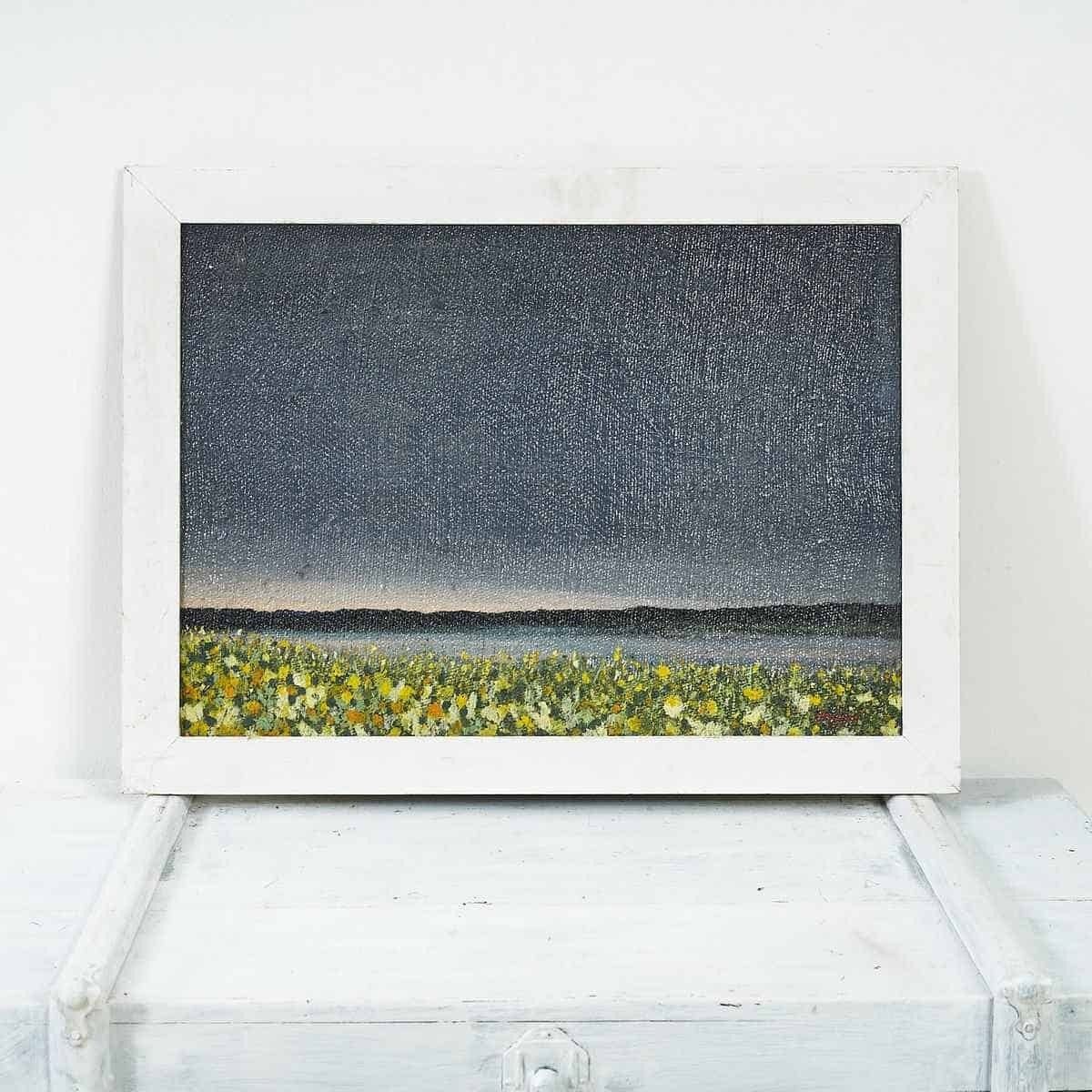 Acrylic On Yuta “Last Light On Yellow Flowers” ​​Elegant Painting From 1998