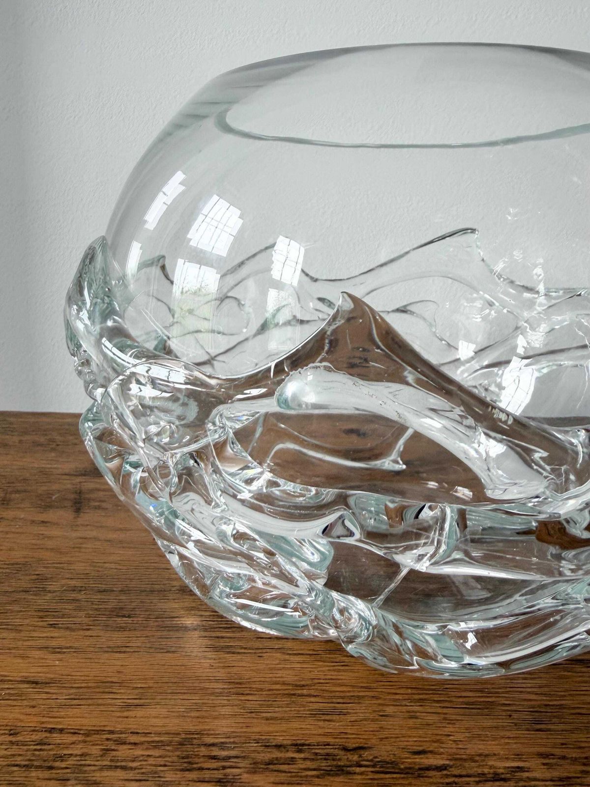 Vintage Art Glass Textured Bowl Vase, Clear Globe Ice Vase photo vinterior