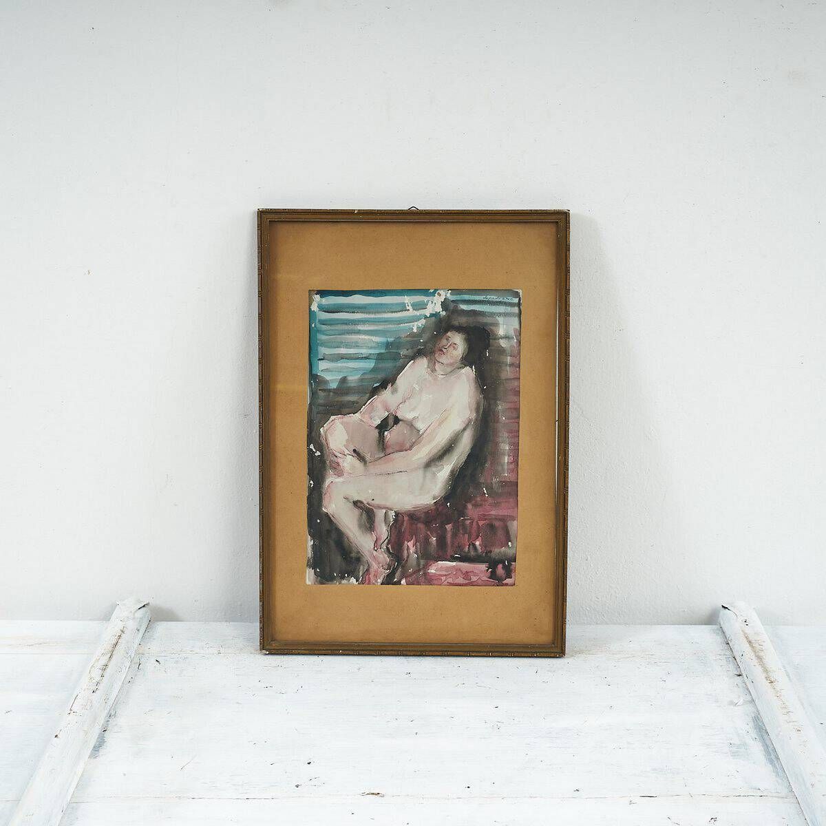 Watercolor Female Figure, Female Nude From The 1950s By Domenico Paduano