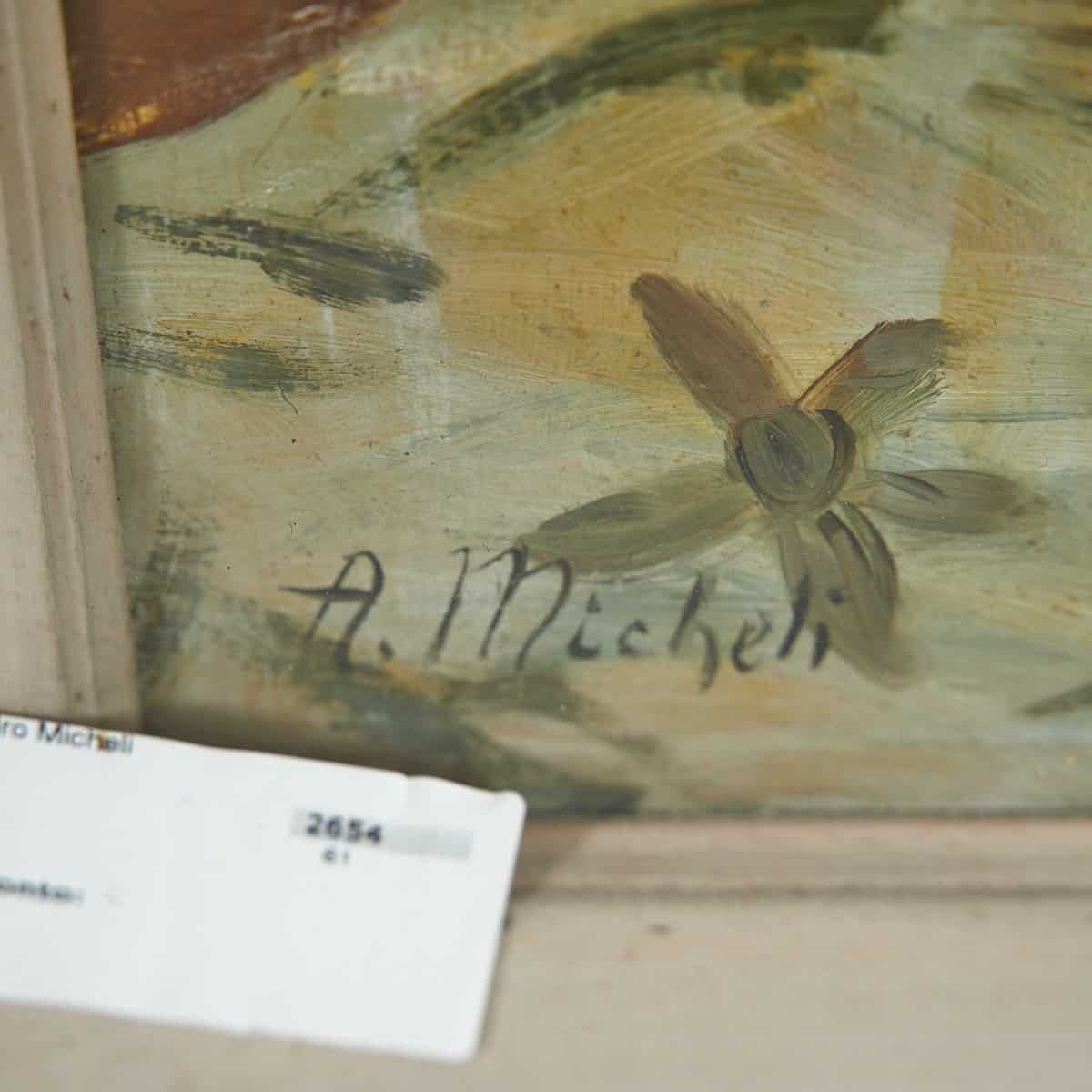 Oil On Floral Panel With Golden Frame By A. Micheli, 1950s photo for sale