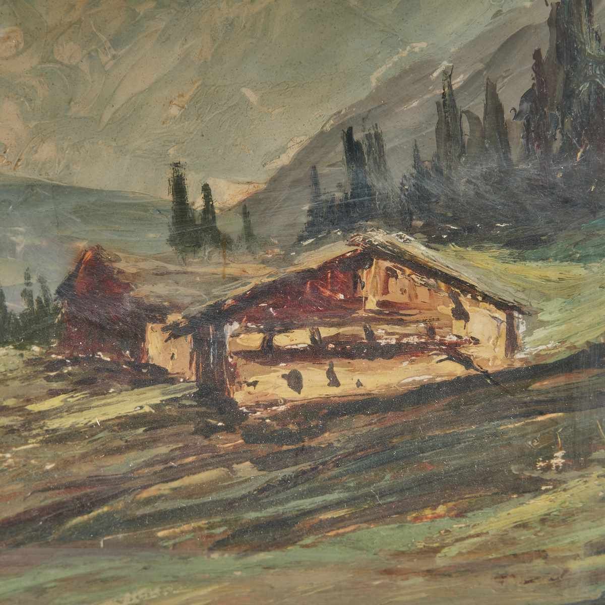 Oil On Antique Panel Alpine Landscape Painting From The 1950s, 1950s photo furniture