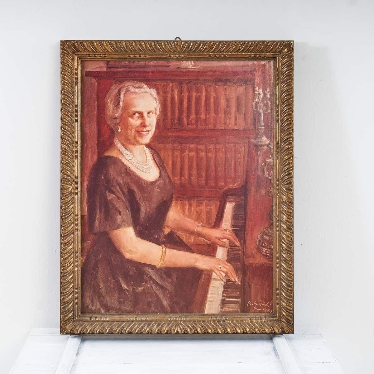 Elegant Canvas Reproduction Of Lady At The Piano, 1980s