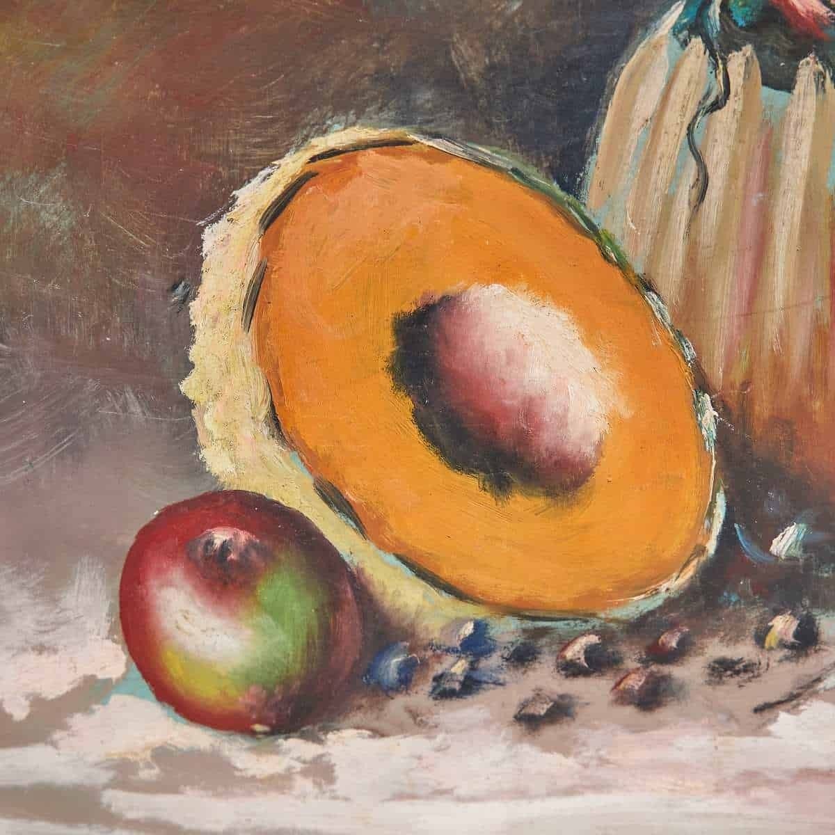 Oil On Panel, Elegant Still Life With Bottle And Fruit, 1950s 1960s photo furniture