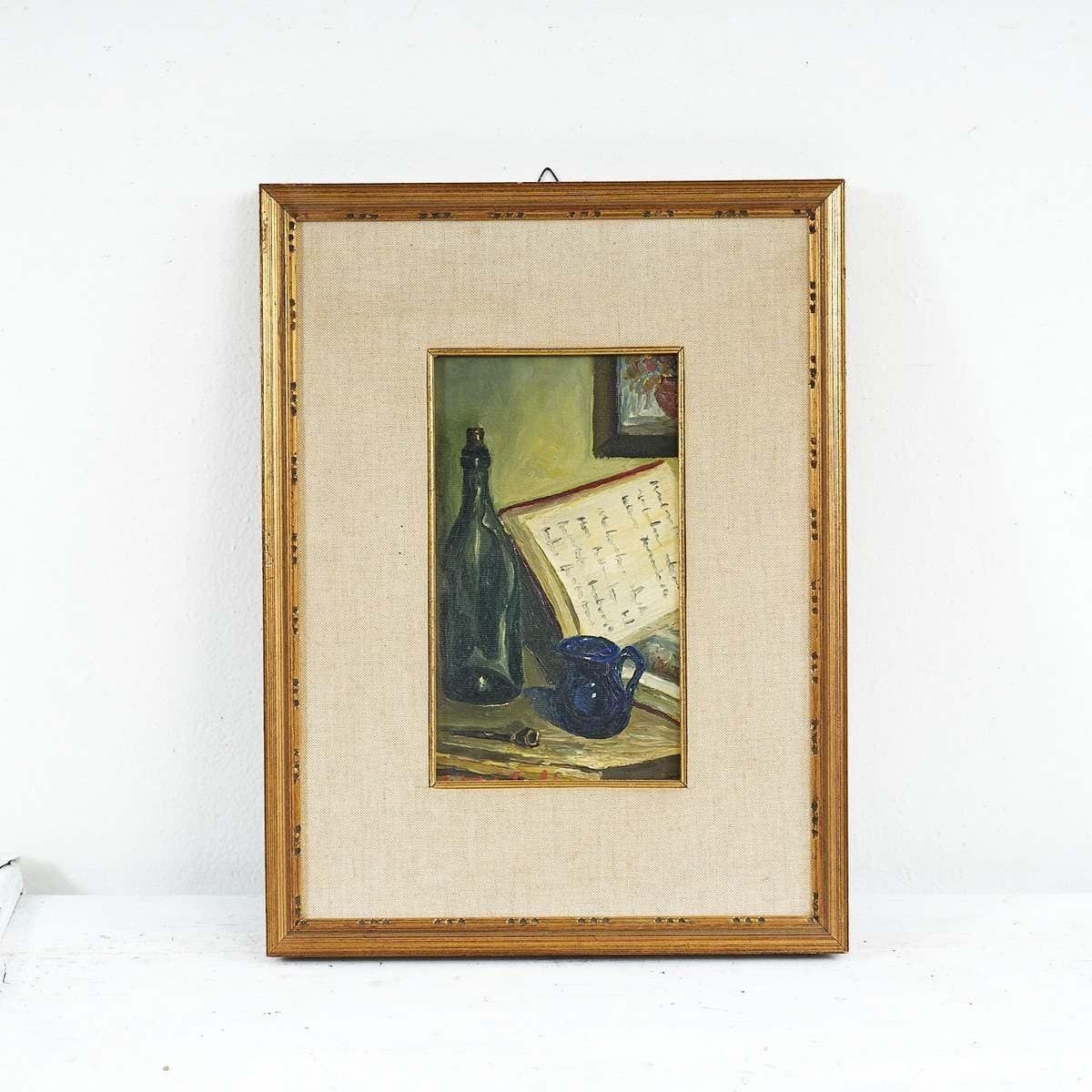 Oil On Panel Elegant Vintage Painting With Still Life By Cesare Giatti