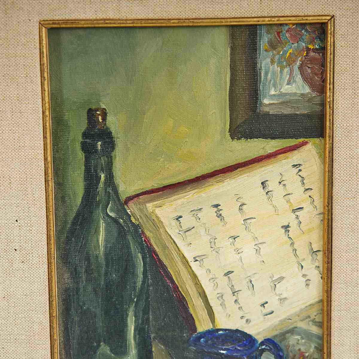 Oil On Panel Elegant Vintage Painting With Still Life By Cesare Giatti photo for sale
