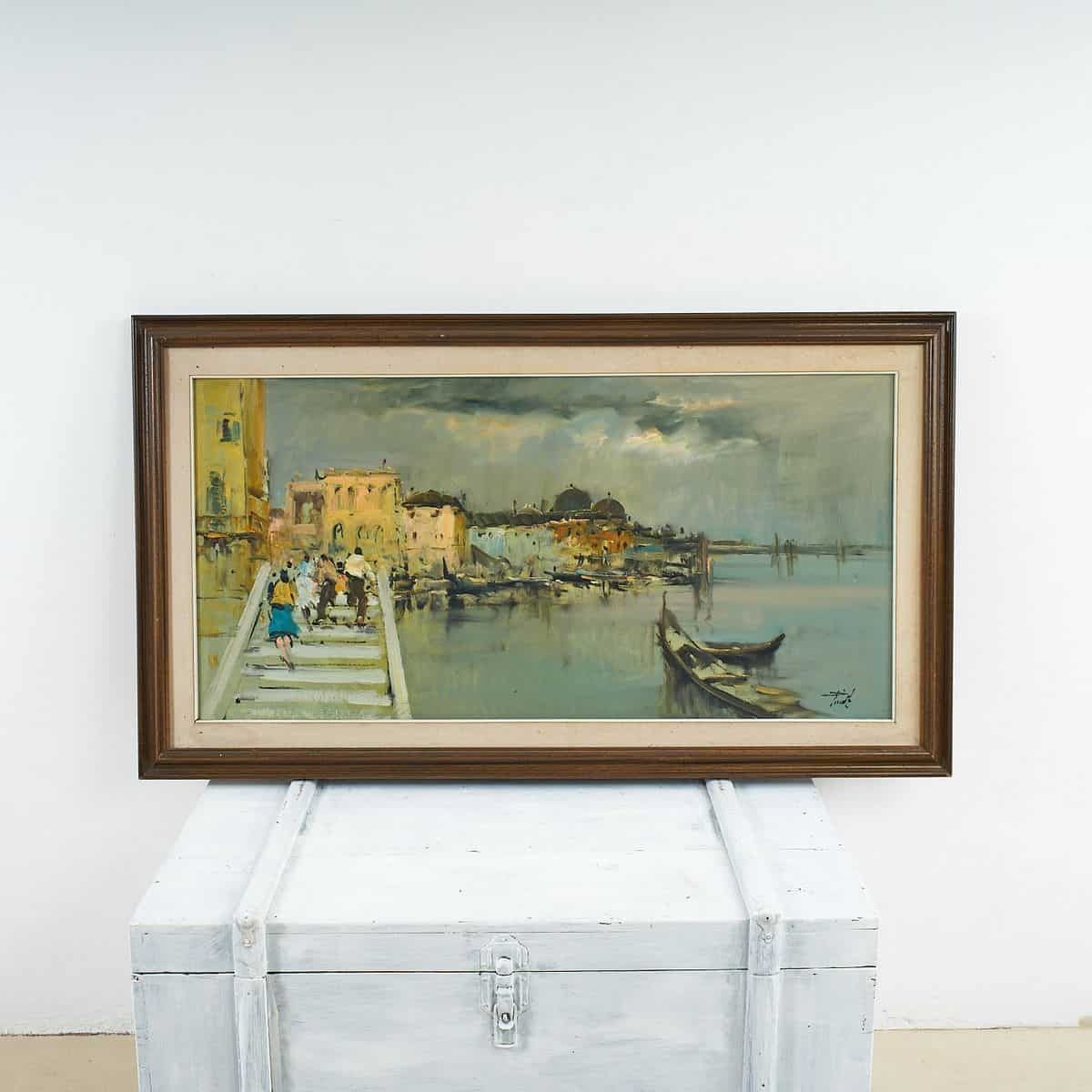 Oil On Canvas Elegant Vintage Painting Of Venice By Renzo Piccoli, Painter From Ferrara (Italy)