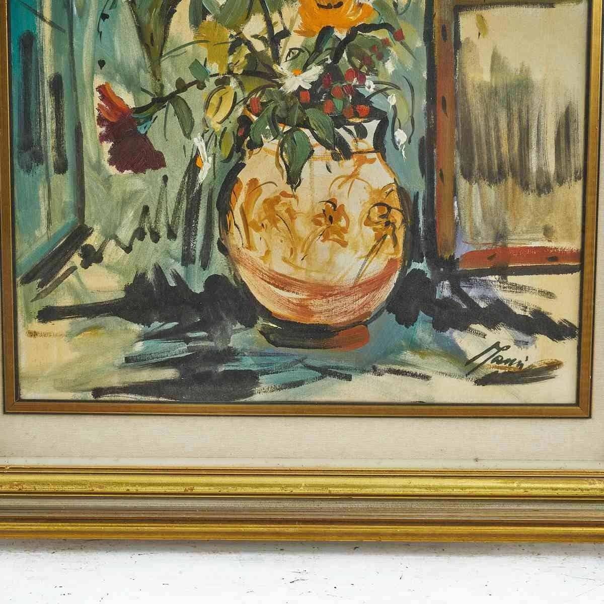 Vintage Oil On Canvas, Vase With Flowers With Golden Wooden Frame photo Art