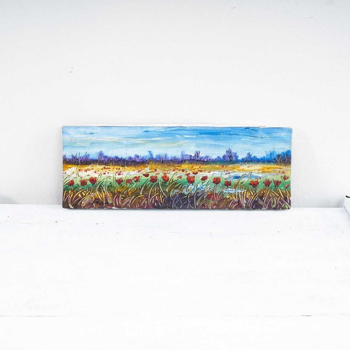 Oil On Vintage Canvas, Field Of Flowers