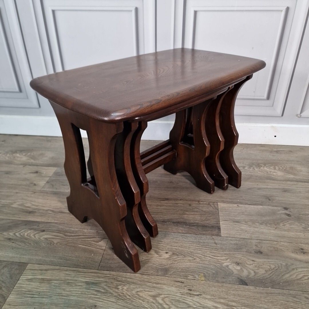 Retro Vintage Ercol Chantry Solid Elm Nest Of Tables In Dark Finish Wooden photo furniture
