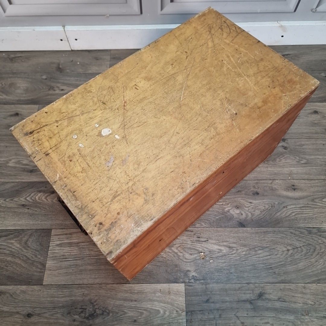 Antique Pine Storage Trunk Chest Wooden Blanket Tool Box Rustic Coffee Table photo for sale