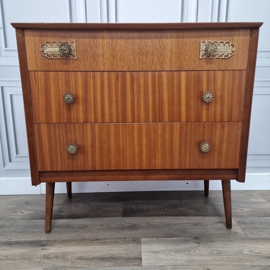Vintage Retro Mid Century Chest Of 3 Drawers Commode Atomic Legs Teak Scandi photo for sale