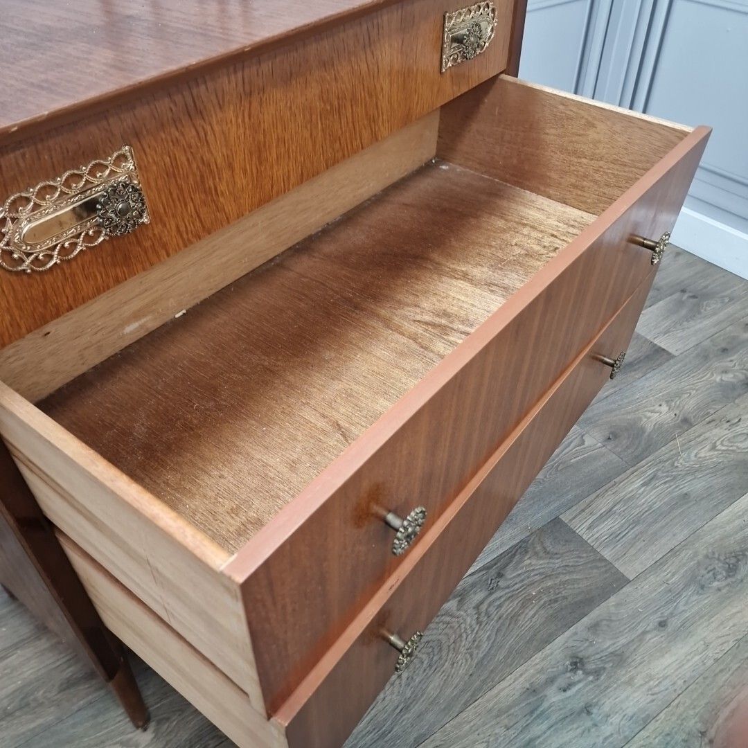 Furniture Vintage Retro Mid Century Chest Of 3 Drawers Commode Atomic Legs Teak Scandi photo