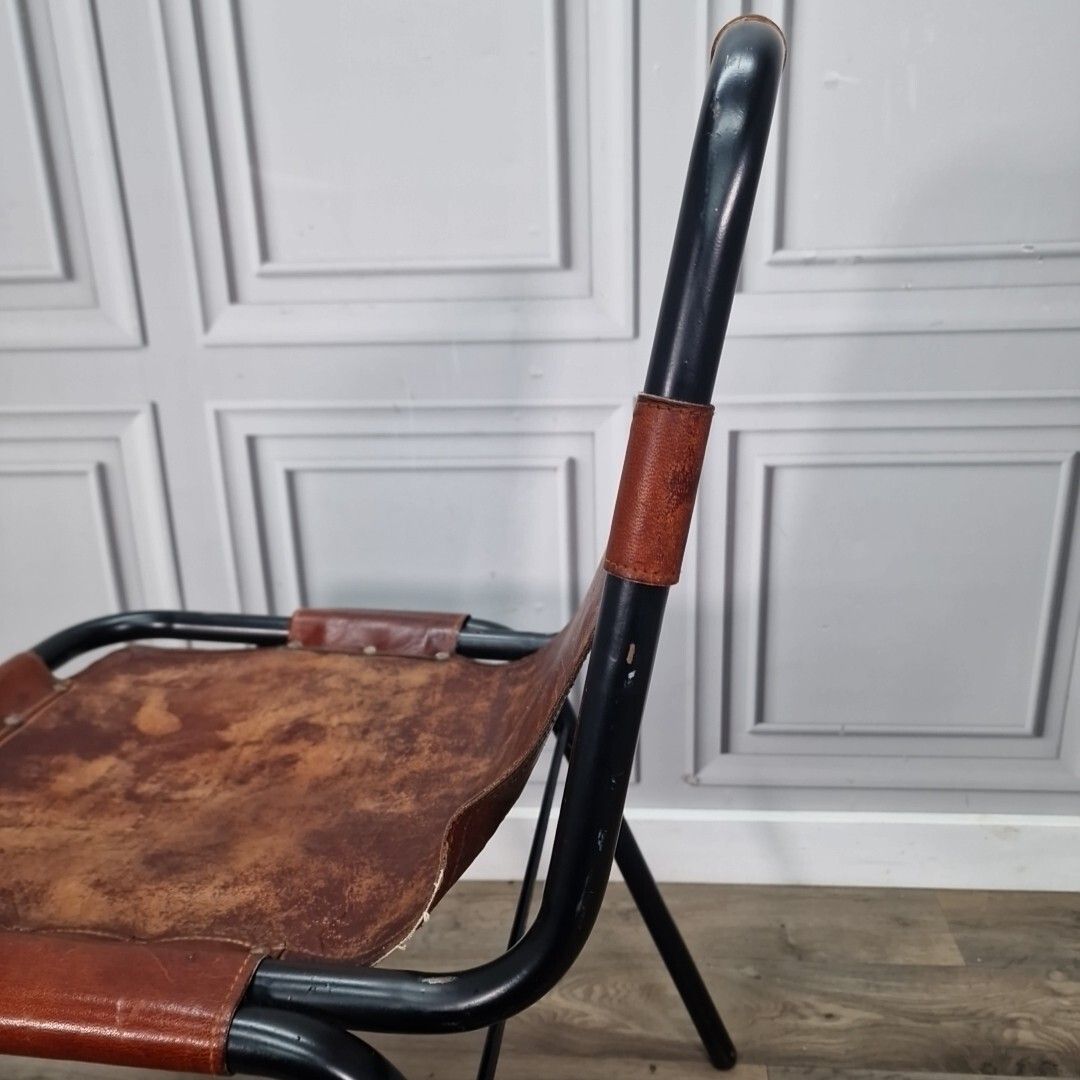 220.0 Vintage Metal Leather Chair Les Arcs Saddle Industrial Charlotte Perriand photo