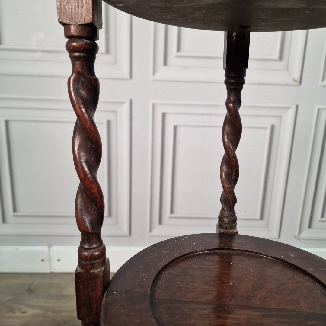 60.0 Antique Barley Twist 3 Tiered Fixed Muffineer Cake Plant Stand Wooden Solid Oak photo