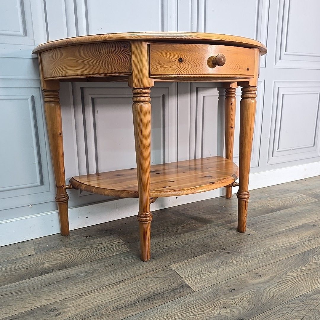 Vintage Ducal Console Table – Solid Pine Half Moon Hall Table Drawer Demi Lune photo for sale