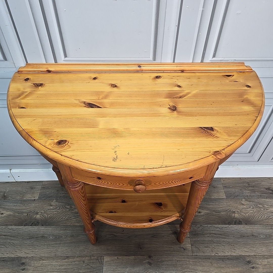 Vintage Ducal Console Table – Solid Pine Half Moon Hall Table Drawer Demi Lune photo vinterior