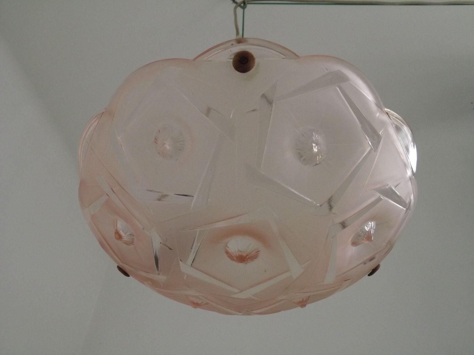 photo buy French Art Deco Stamped 1053 Pink Glass Plafonnier Hanging Light Pink Ropes