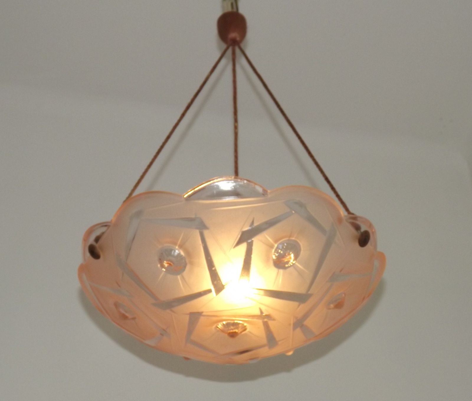 French Art Deco Stamped 1053 Pink Glass Plafonnier Hanging Light Pink Ropes photo for sale