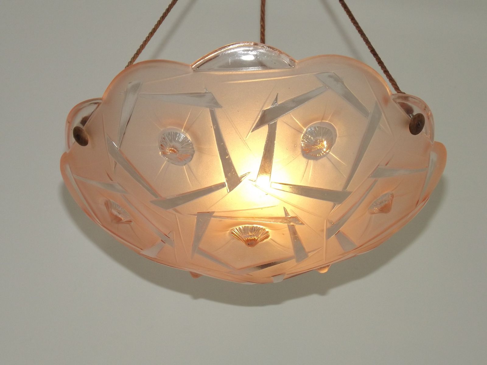 French Art Deco Stamped 1053 Pink Glass Plafonnier Hanging Light Pink Ropes photo 225.0