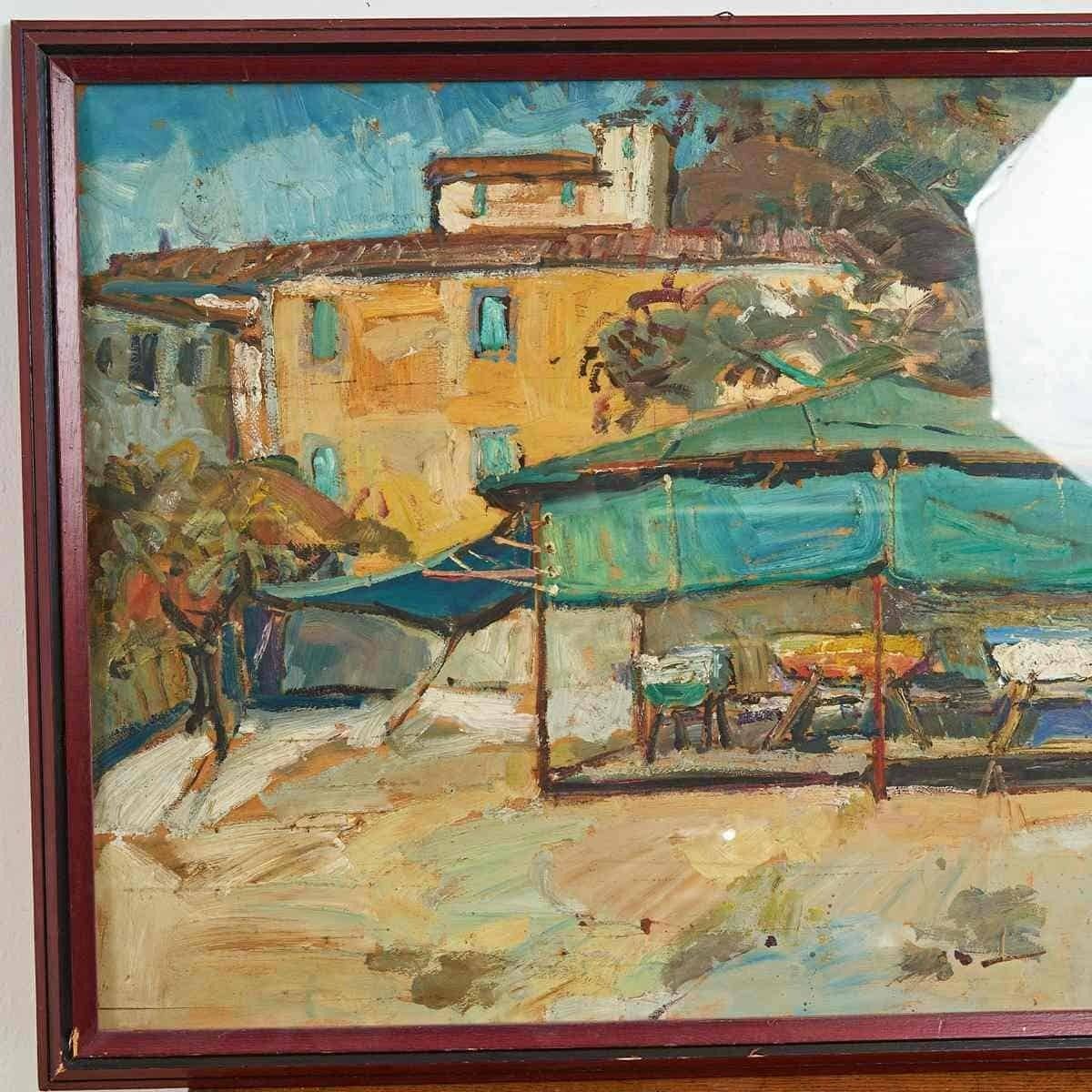 Oil On Panel The Essence Of An Open Air Market, 1960s photo for sale