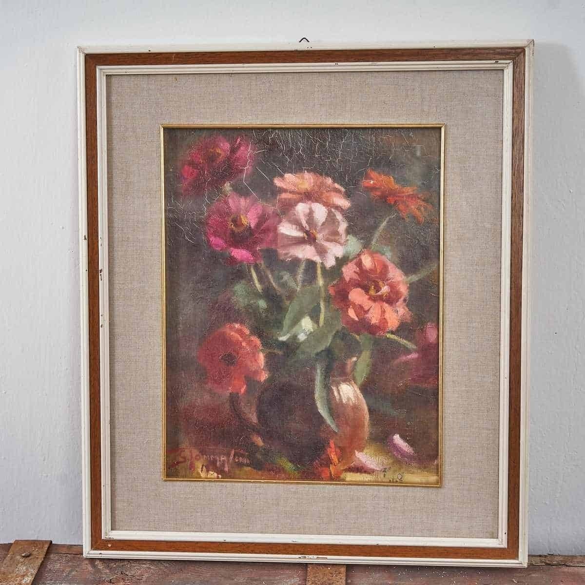 Oil On Canvas Refined Vintage Flower Painting, 1960s