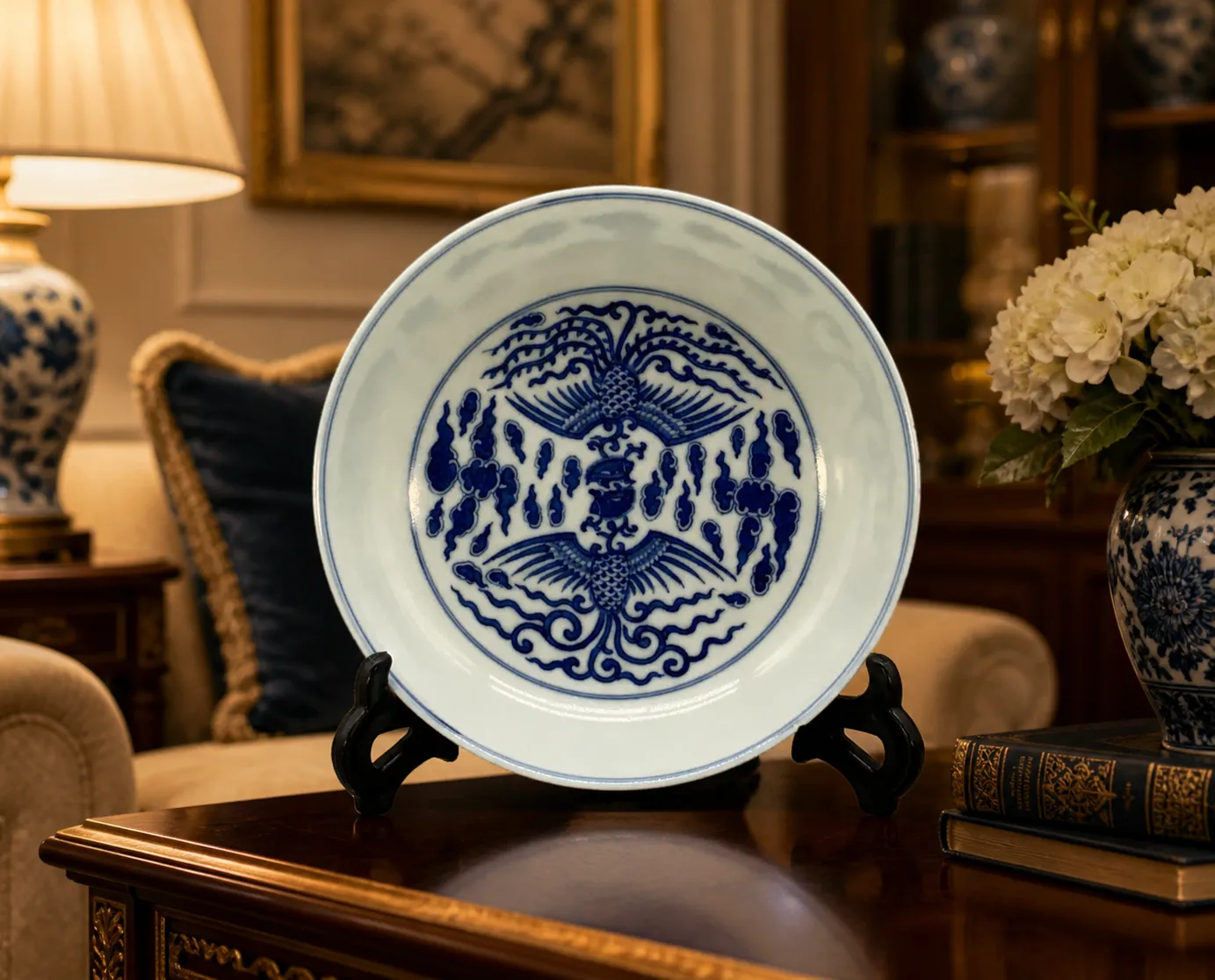 Chinese Blue And White Porcelain Double Phoenix Dish Tongzhi Period Bowl Plate photo furniture