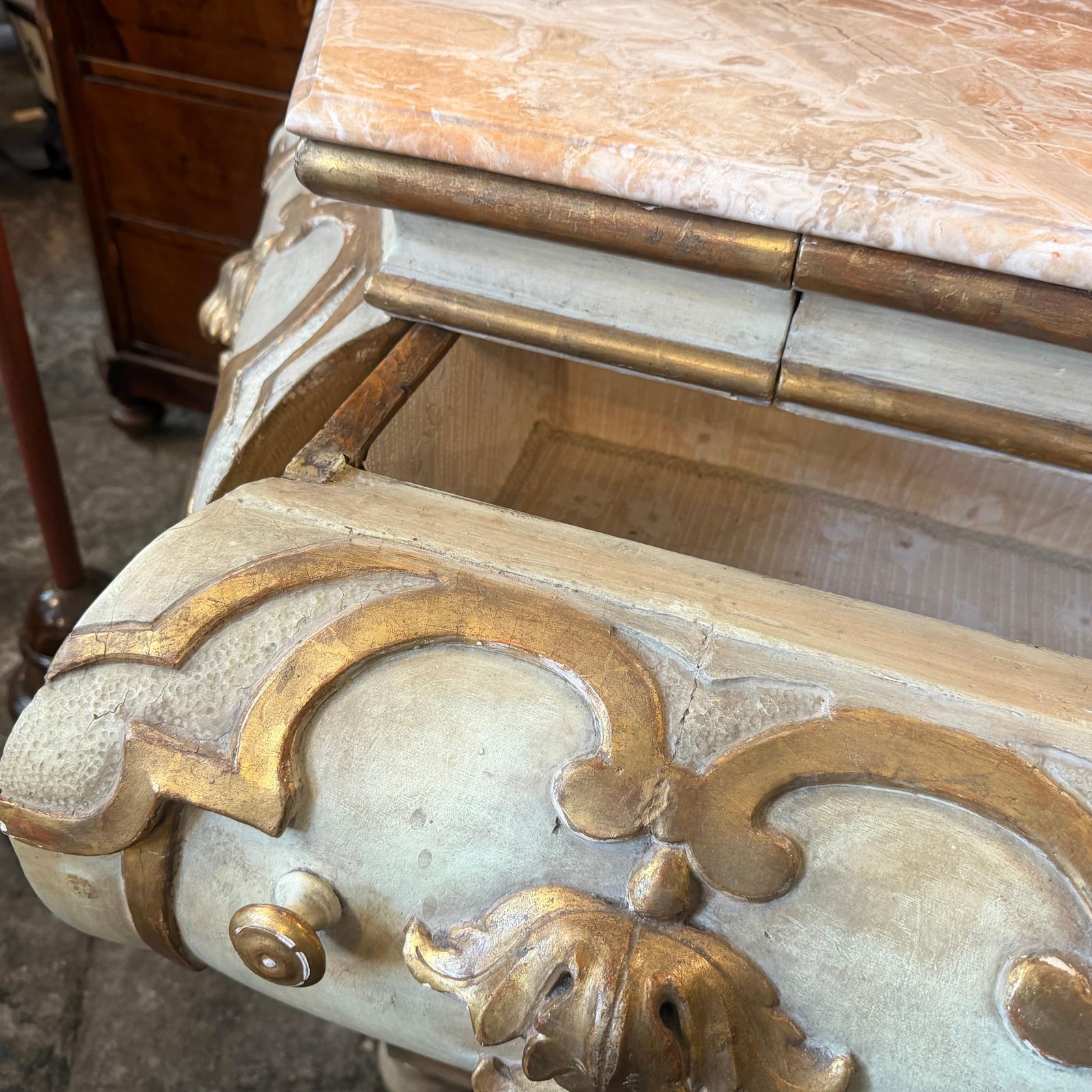 An Original Baroque Lacquered And Gilt Wood And Marble Venetian Chest Of Drawers photo for sale